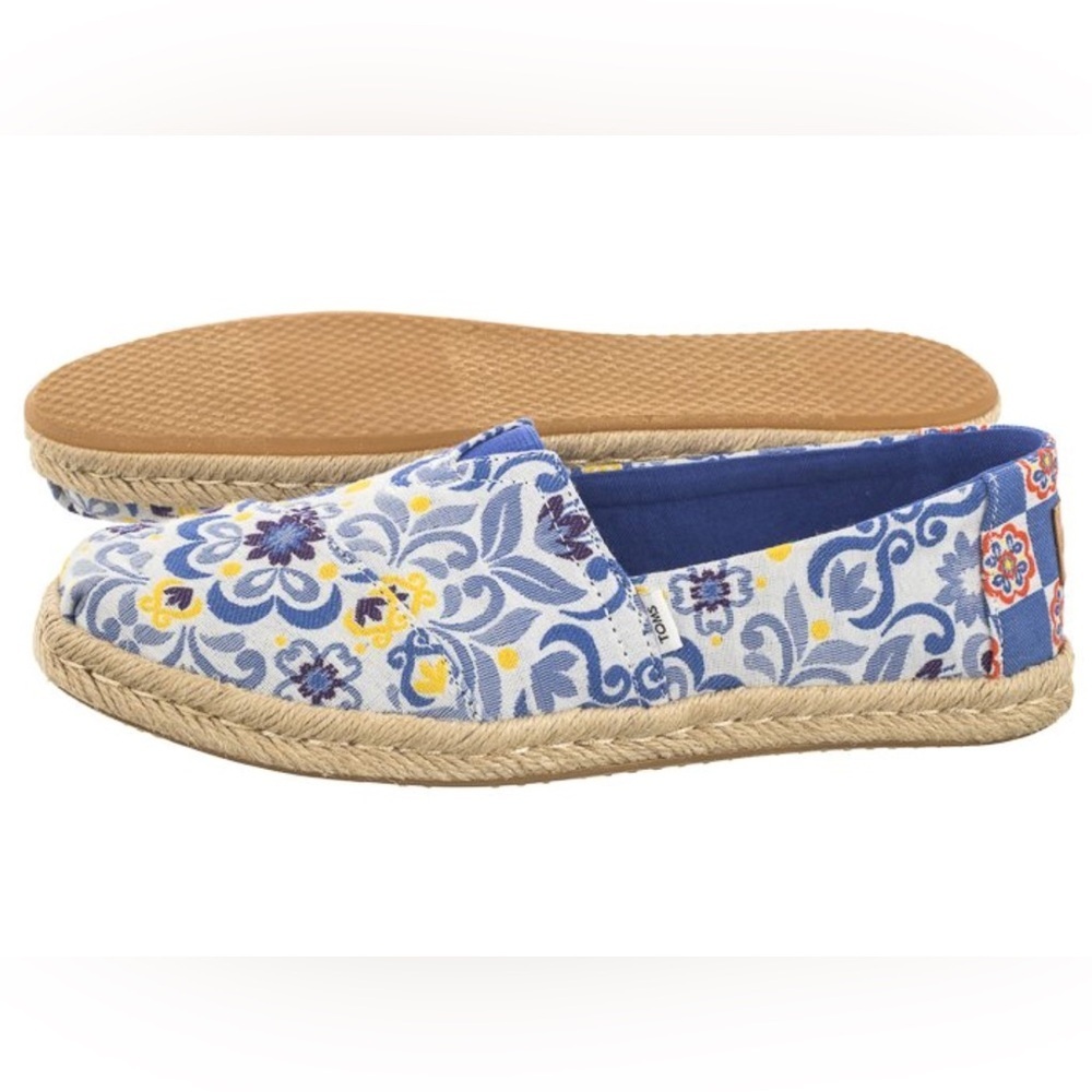 TOMS Women’s Alpargata Rope Espadrilles in Blue Mediterranean Tiles Print Sz 7